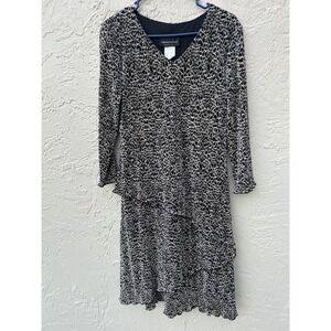 Connected Apparel Black White Animal Print Tiered Sheath Dress V-Neck Size 12